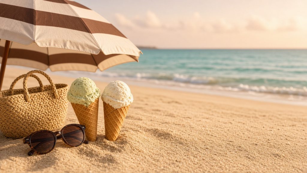 Coni gelato in spiaggia sotto un ombrellone